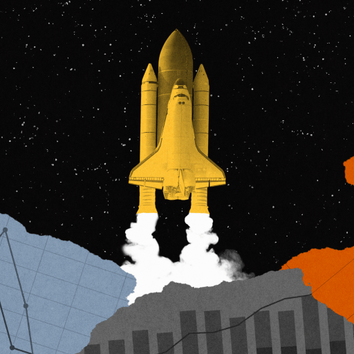 Illustration of a yellow space shuttle launching against a starry sky, with abstract blue and orange graph elements in the foreground.