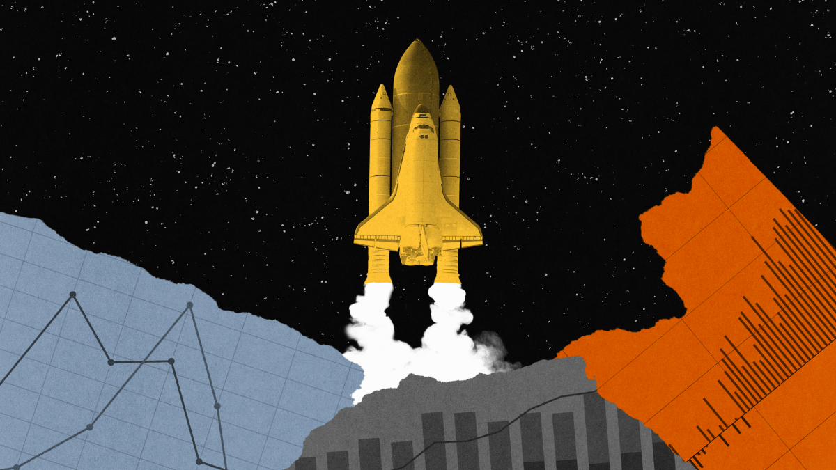 Illustration of a yellow space shuttle launching against a starry sky, with abstract blue and orange graph elements in the foreground.