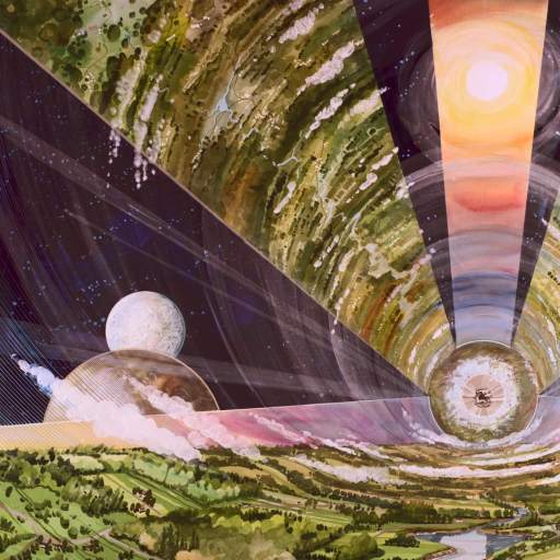 A cylindrical space habitat with green landscapes and rivers, viewed from inside; two moons and a bright sun-like object are visible through large windowed sections.