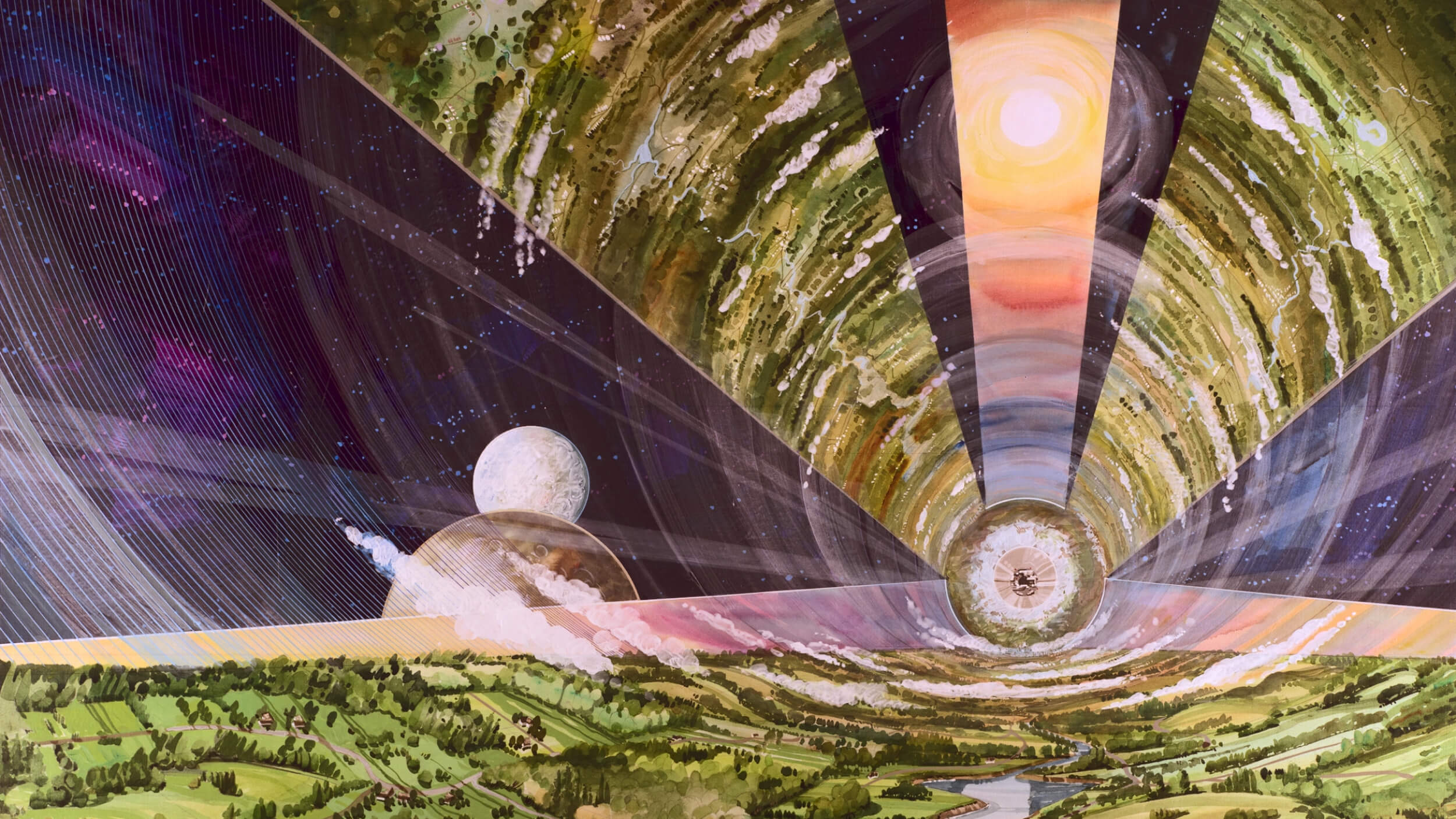 A cylindrical space habitat with green landscapes and rivers, viewed from inside; two moons and a bright sun-like object are visible through large windowed sections.