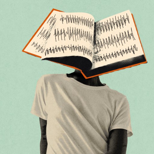 A person with an illustrated book as a head—pages open, filled with wavy black lines—appears to be brain reading as they stand against a plain light green background.