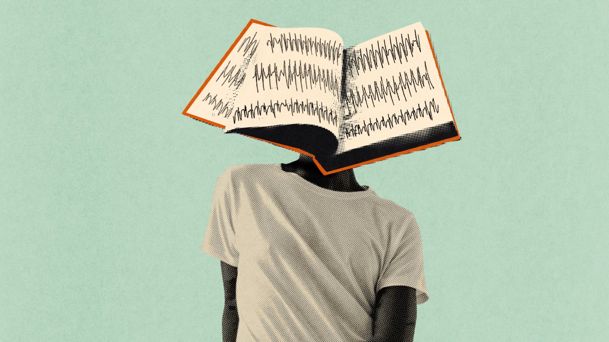 A person with an illustrated book as a head—pages open, filled with wavy black lines—appears to be brain reading as they stand against a plain light green background.