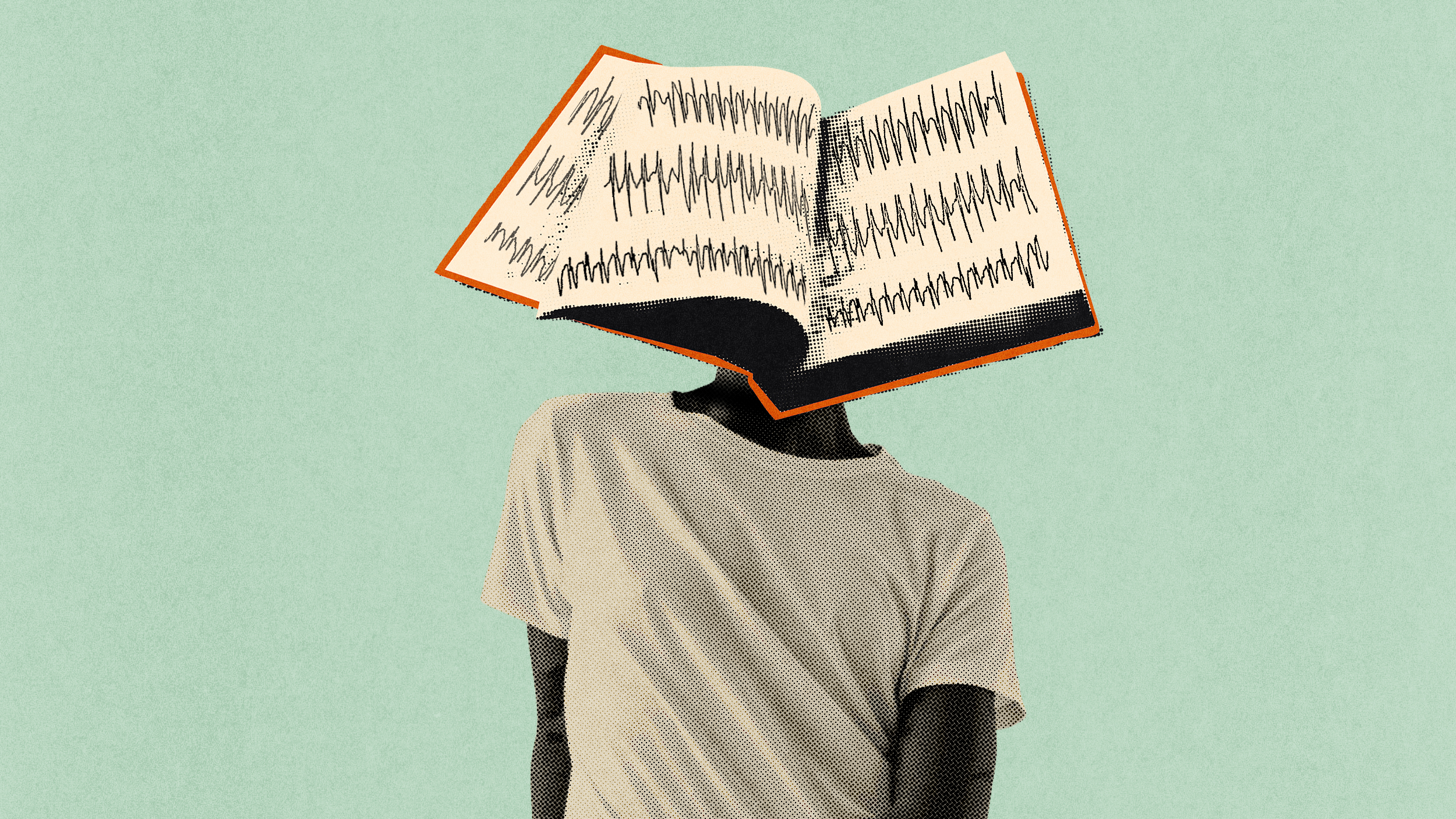 A person with an illustrated book as a head—pages open, filled with wavy black lines—appears to be brain reading as they stand against a plain light green background.
