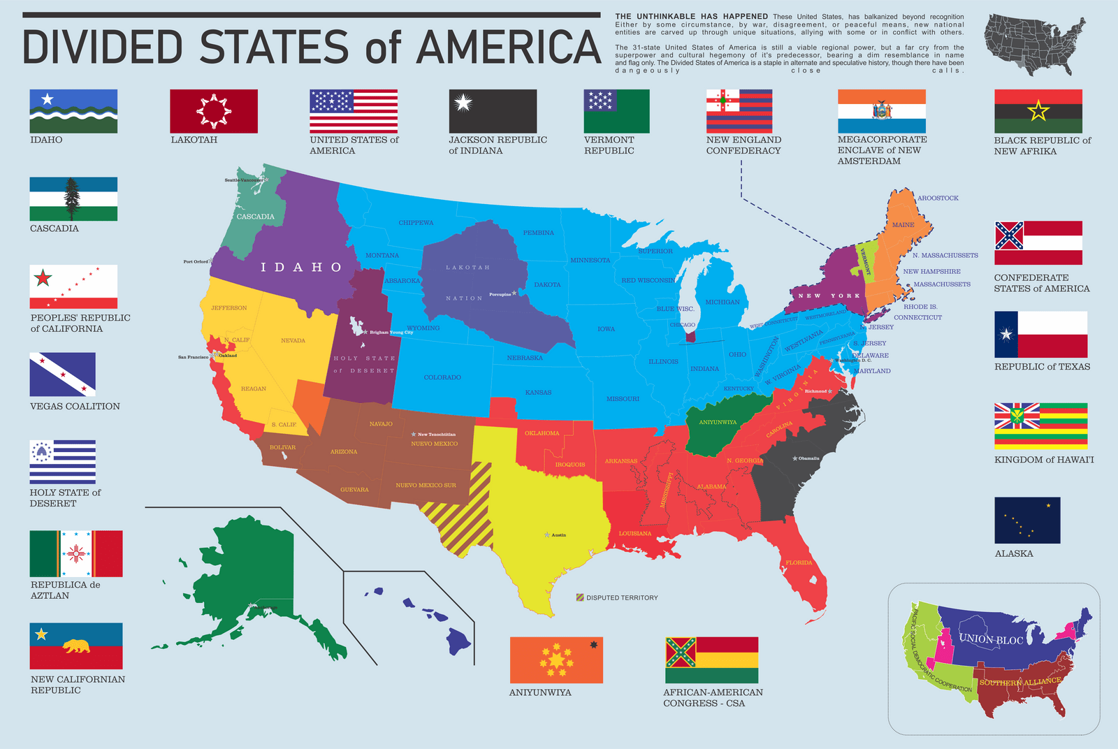 A color-coded map of the U.S. shows the country divided into multiple independent nations, each with its own flag and name, replacing current state and national borders.