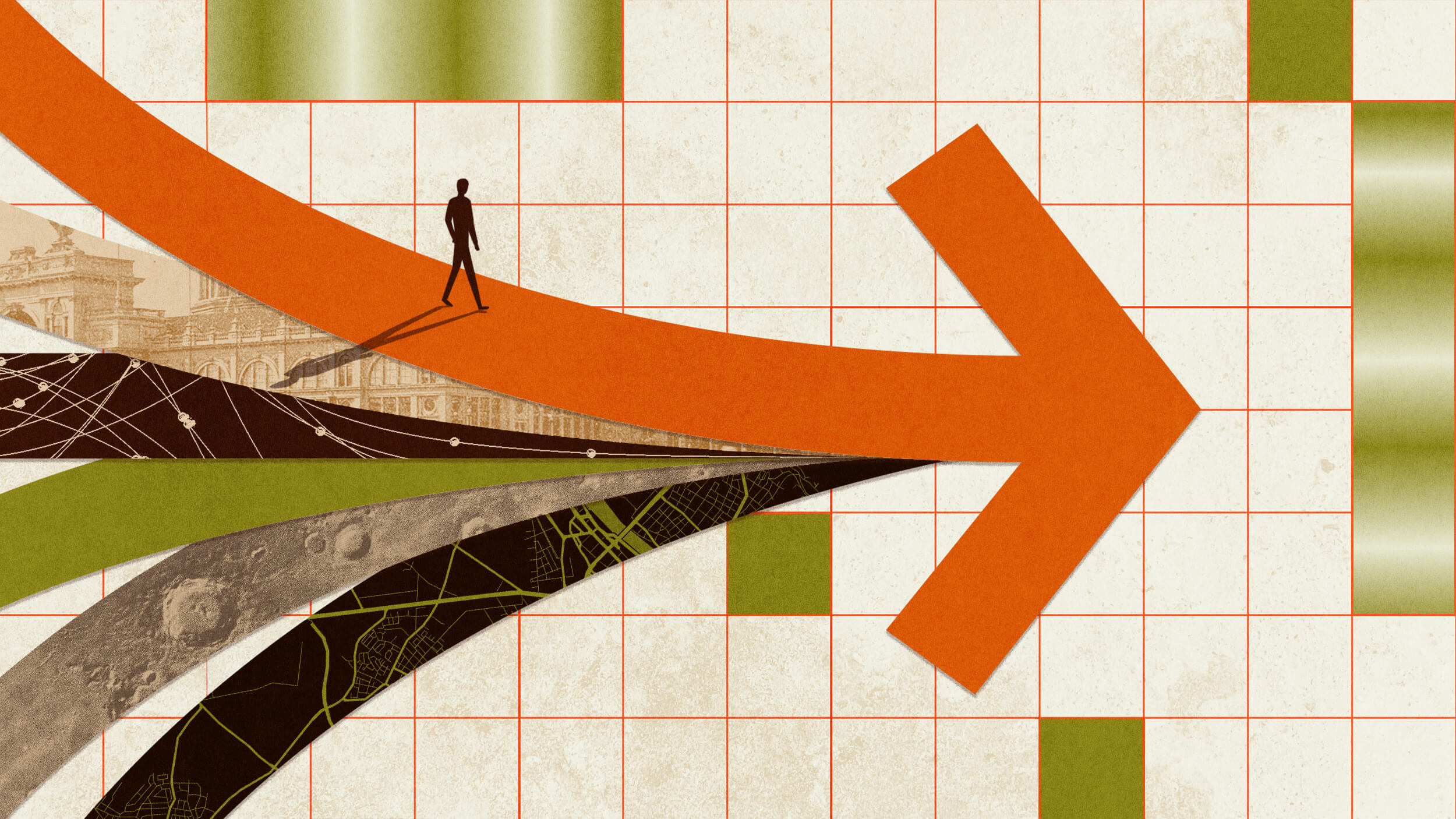 Illustration of a person walking on a large orange arrow with a grid and map patterns in the background.