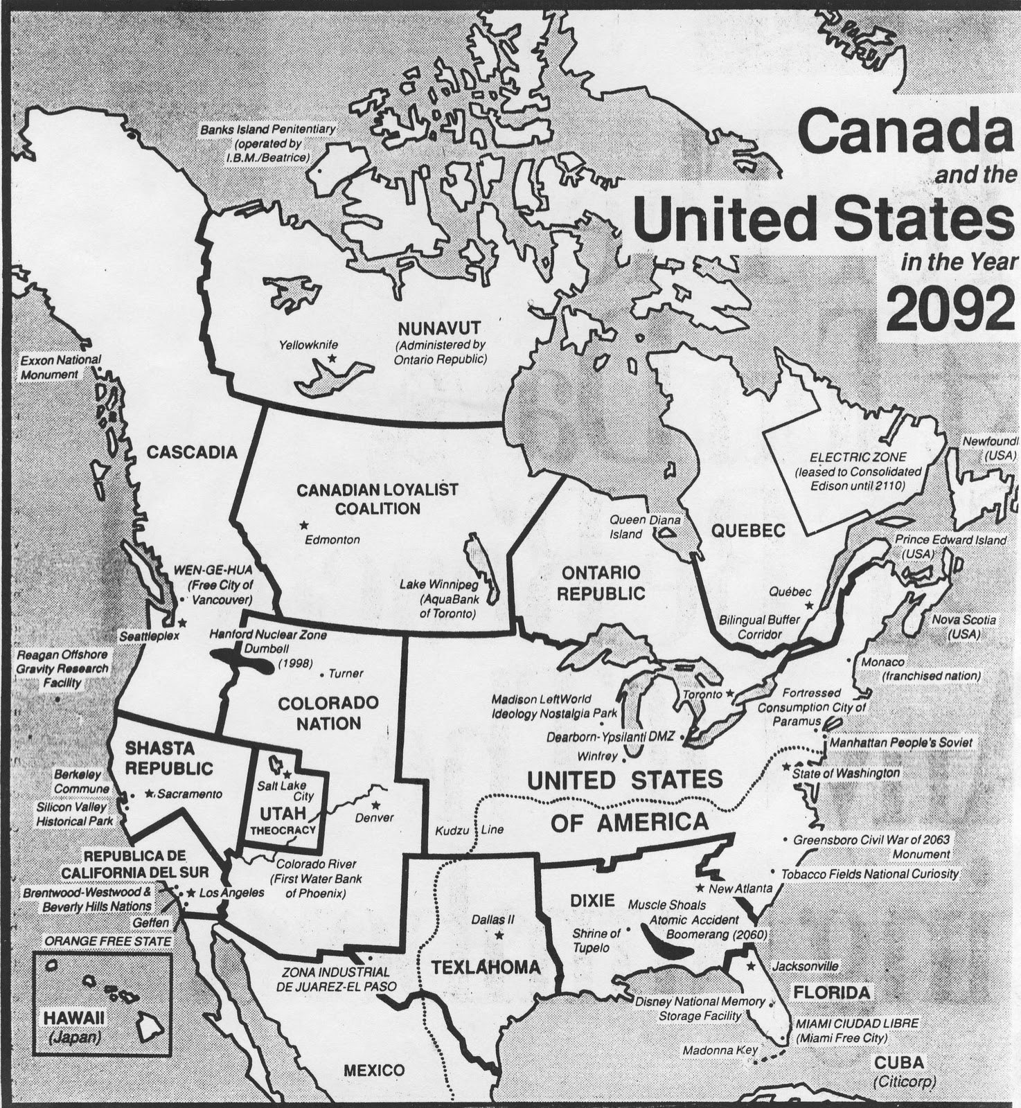 A black and white map shows a fictional division of Canada and the United States into new regions and countries in the year 2092, with altered borders and renamed areas.