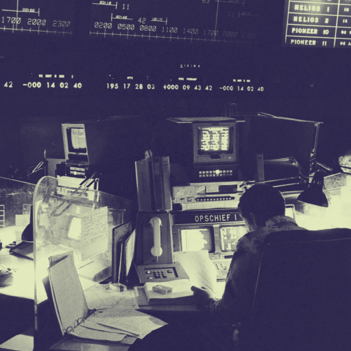 Four people work at consoles surrounded by monitors and control panels in a dimly lit NASA mission control room, with large display boards overhead.