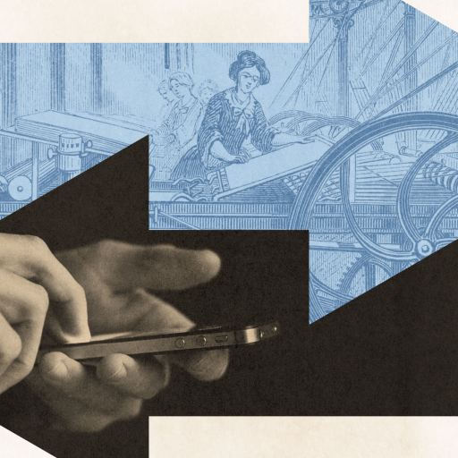 Collage showing hands using a smartphone in the foreground and a vintage illustration of a printing press in the background, separated by arrows pointing opposite directions.