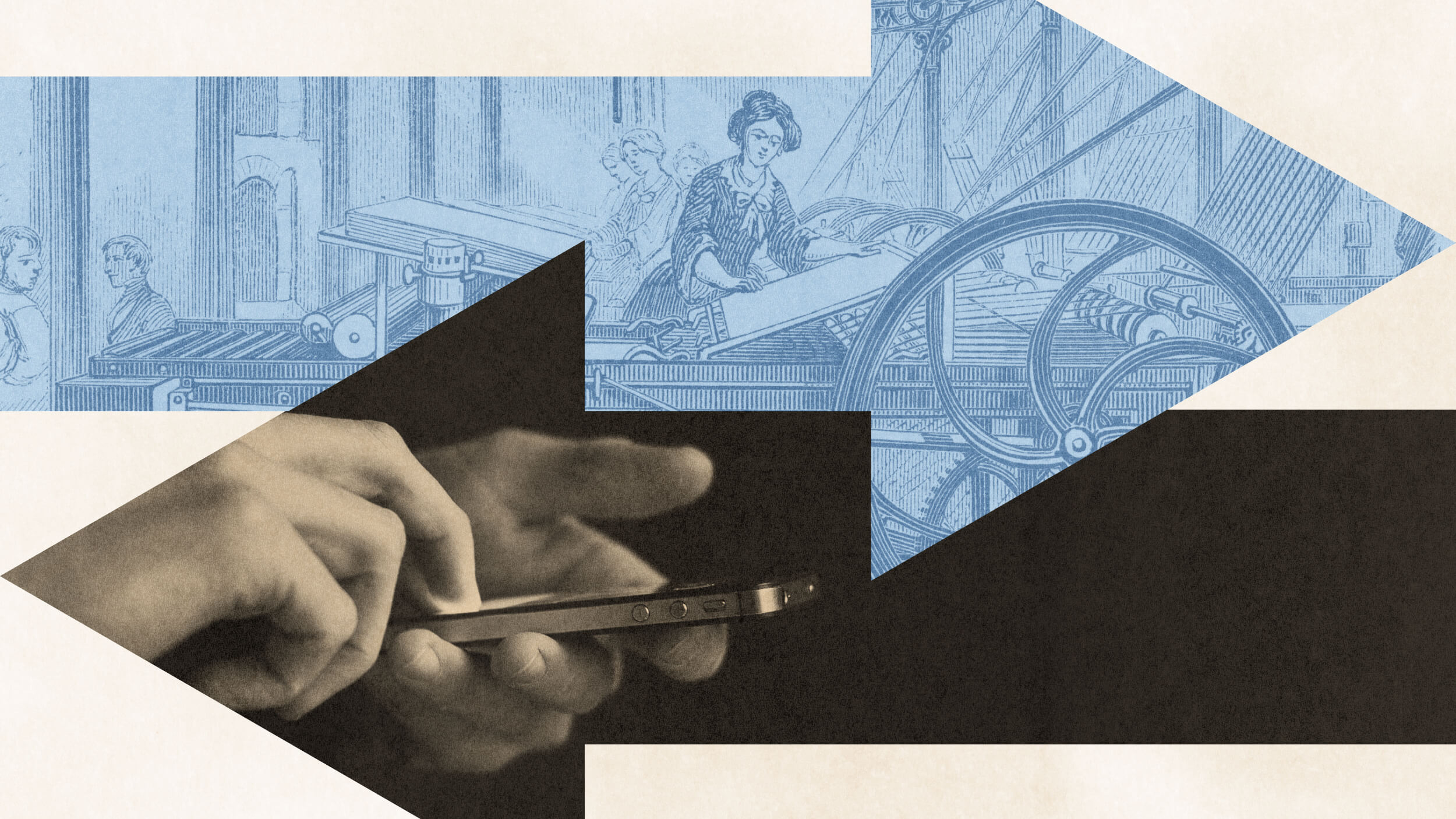Collage showing hands using a smartphone in the foreground and a vintage illustration of a printing press in the background, separated by arrows pointing opposite directions.