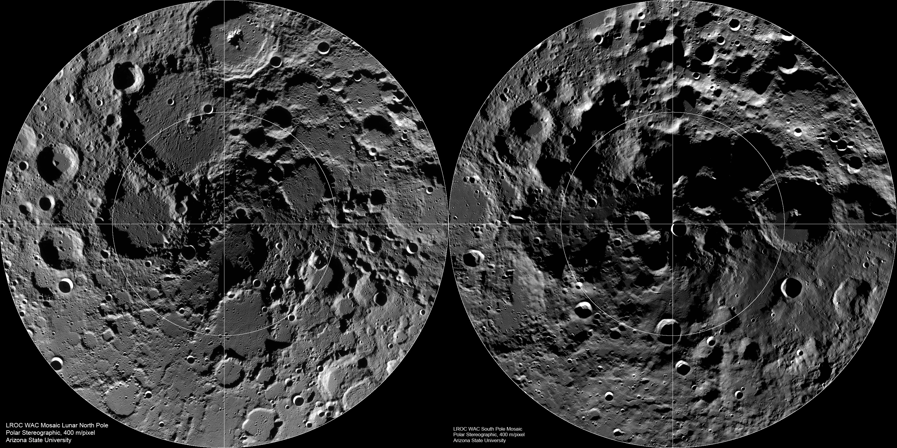 Side-by-side grayscale maps show the dark side Moon&rsquo;s north (left) and south (right) polar regions, highlighting craters and surface features.