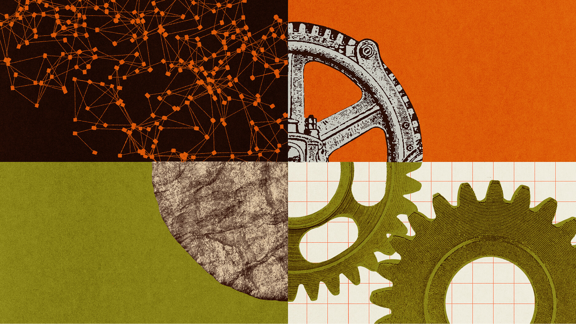 A collage of four quadrants showing network nodes, a mechanical gear, a textured stone surface, and two green gears on a grid background.