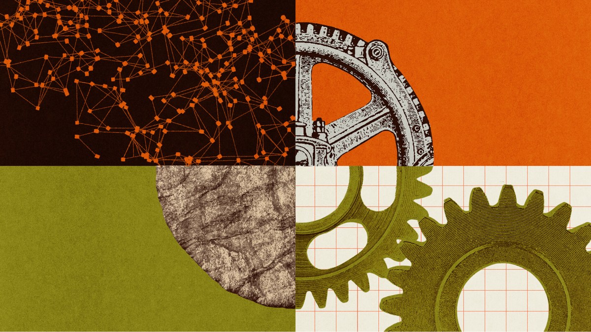 Abstract collage with network nodes, a vintage gear, a textured gray circle, and green gears on a graph background, divided into four colored quadrants.