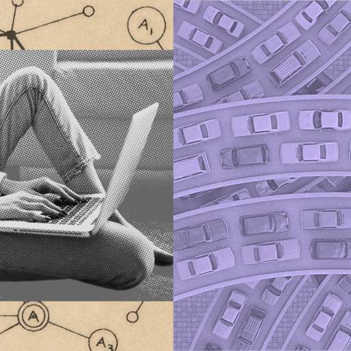 A split image shows a person typing on a laptop on the left and gridlocked cars on the right, set against connected nodes and letters—a visual nod to Jack Nilles, pioneer of telecommuting.