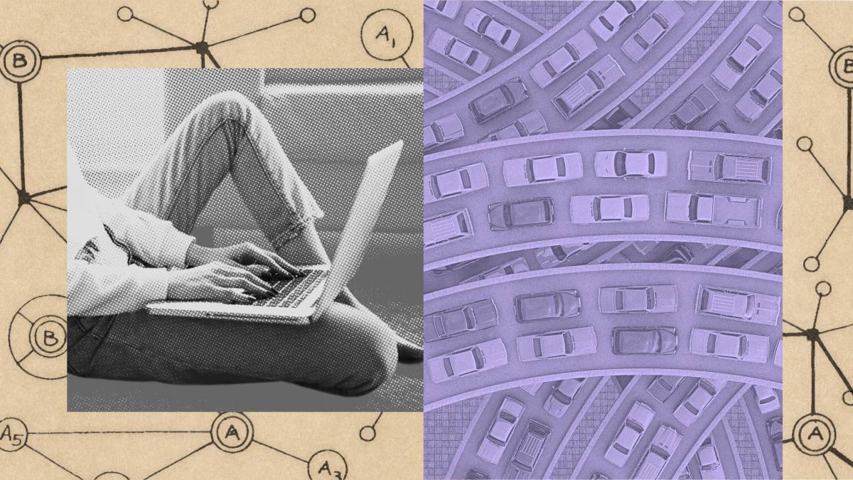 A split image shows a person typing on a laptop on the left and gridlocked cars on the right, set against connected nodes and letters—a visual nod to Jack Nilles, pioneer of telecommuting.