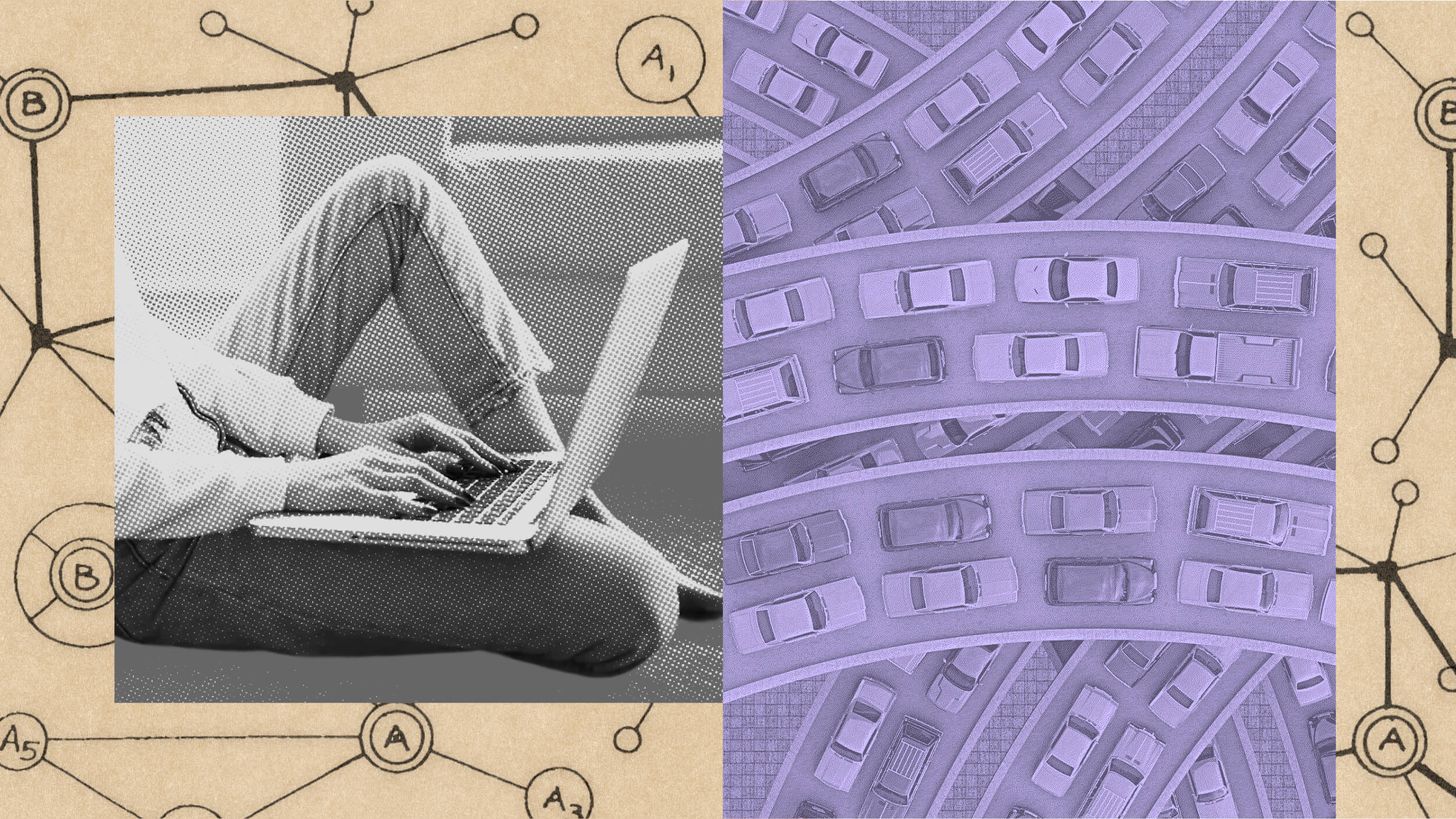 A split image shows a person typing on a laptop on the left and gridlocked cars on the right, set against connected nodes and letters—a visual nod to Jack Nilles, pioneer of telecommuting.