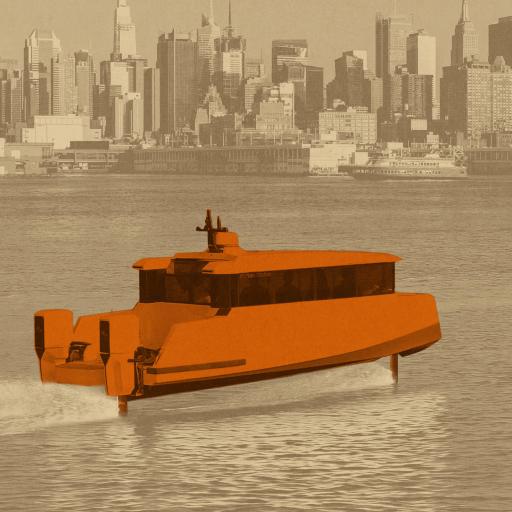 An orange hydrofoil boat glides across the water in front of a city skyline with tall buildings, resembling the sleek motion of flying boats.