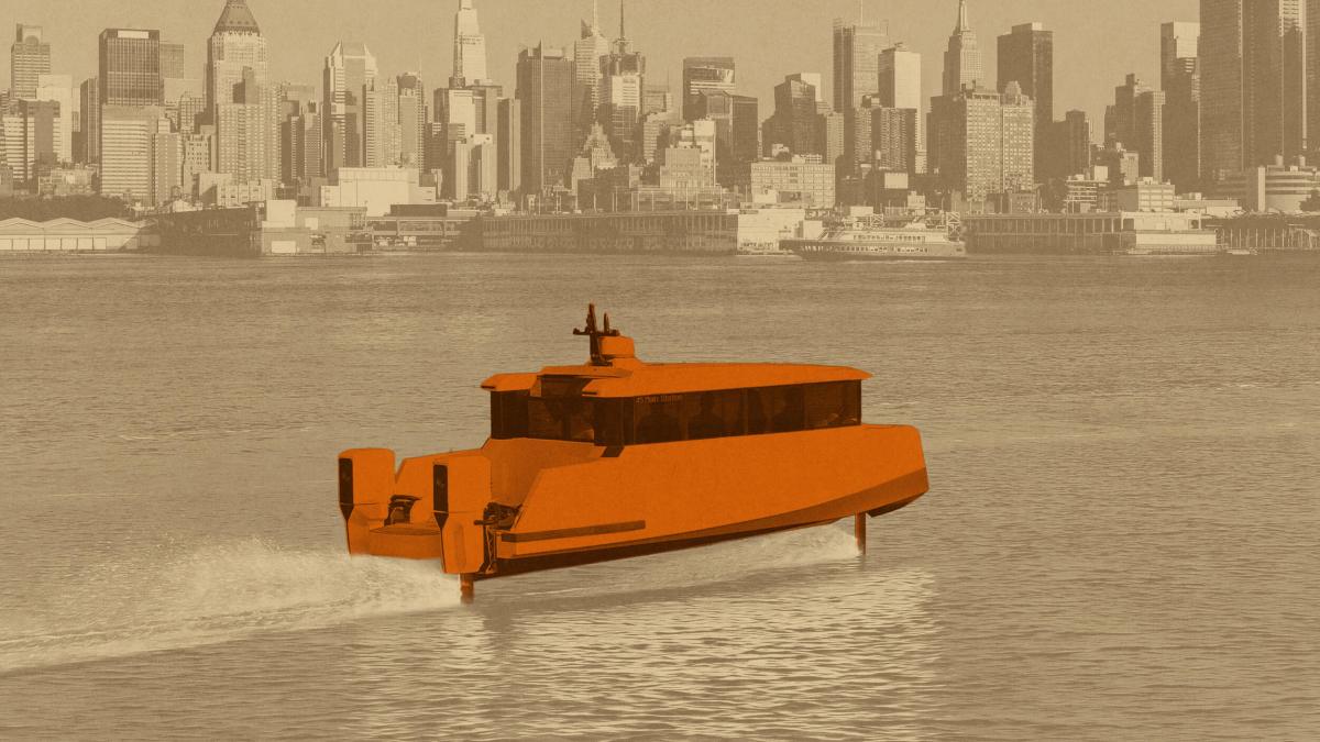 An orange hydrofoil boat glides across the water in front of a city skyline with tall buildings, resembling the sleek motion of flying boats.