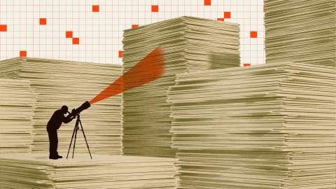 Illustration of a person using a telescope among large stacks of paper, with red graph-like squares in the background.