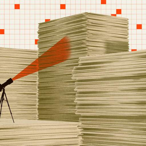 Illustration of a person using a telescope among large stacks of paper, with red graph-like squares in the background.