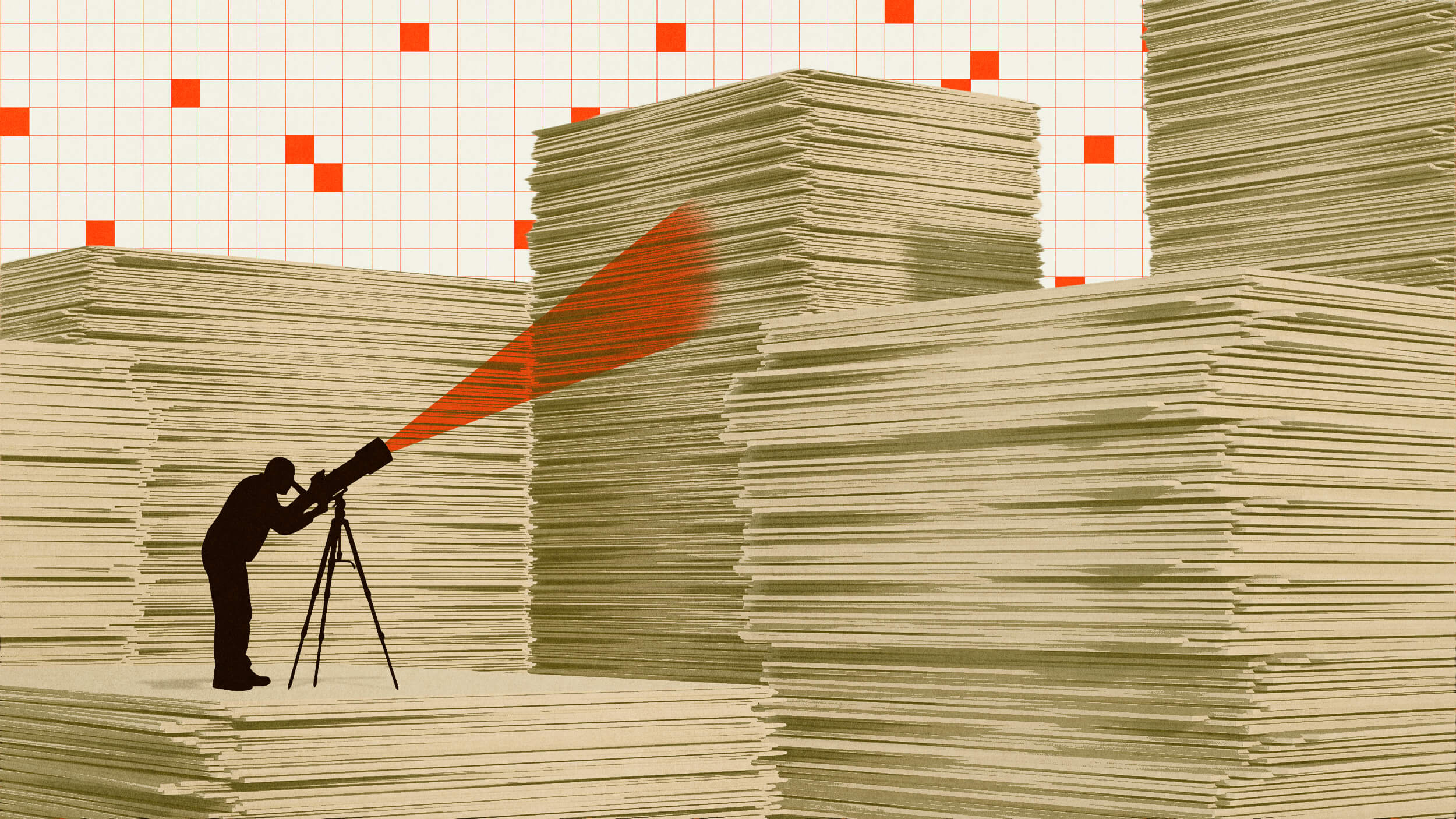 Illustration of a person using a telescope among large stacks of paper, with red graph-like squares in the background.