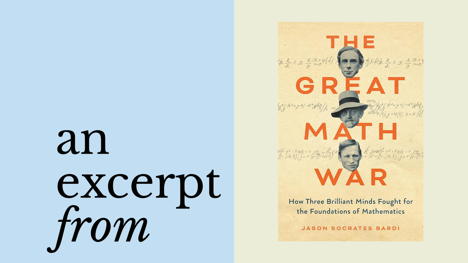 Book cover of "The Great Math War" by Jason Socrates Bardi, alongside the text "an excerpt from" on a blue background.