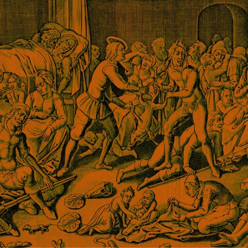 A crowded room with people suffering from illness; some lie in bed, others sit or kneel, while a few interact and offer assistance.