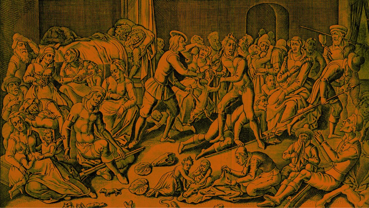 A crowded room with people suffering from illness; some lie in bed, others sit or kneel, while a few interact and offer assistance.