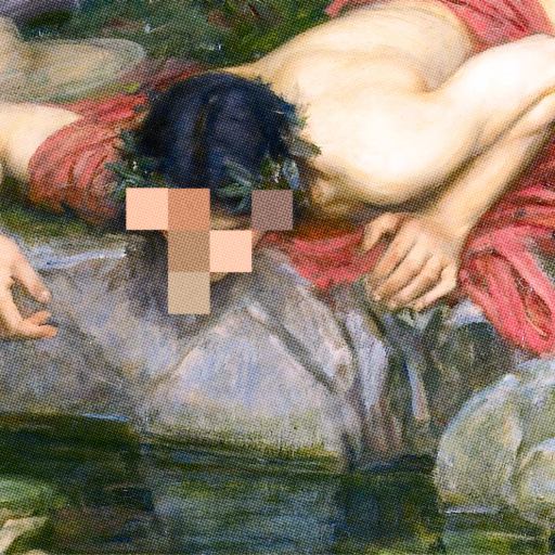 A classical painting of a reclining figure draped in red fabric by a pond, with the face pixelated and unrecognizable.