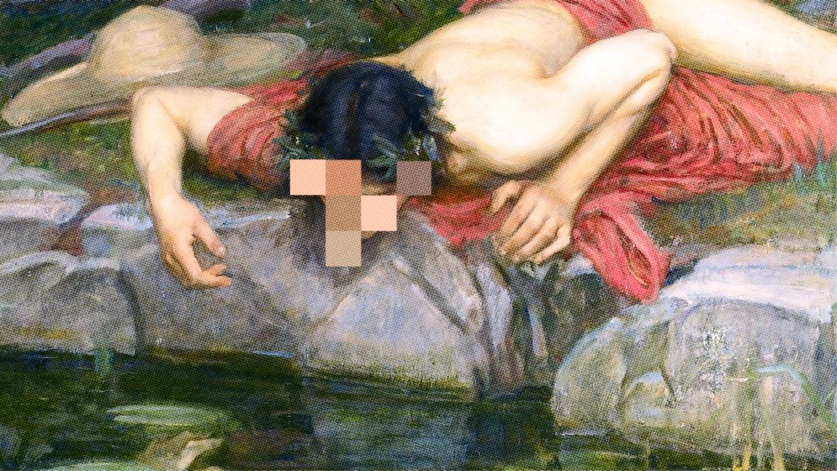 A classical painting of a reclining figure draped in red fabric by a pond, with the face pixelated and unrecognizable.