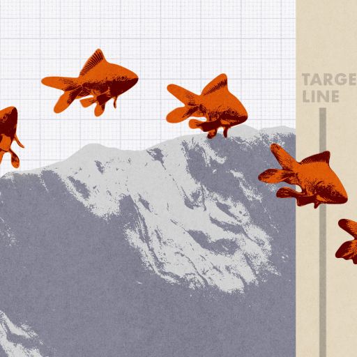 Illustration of an orange fish jumping over a mountain slope toward a target line, with labeled bars A, B, and C on the right side, highlighting the theme of conformity.