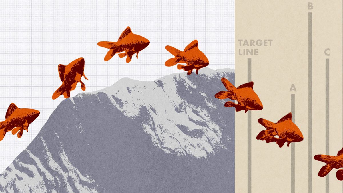 Illustration of an orange fish jumping over a mountain slope toward a target line, with labeled bars A, B, and C on the right side, highlighting the theme of conformity.