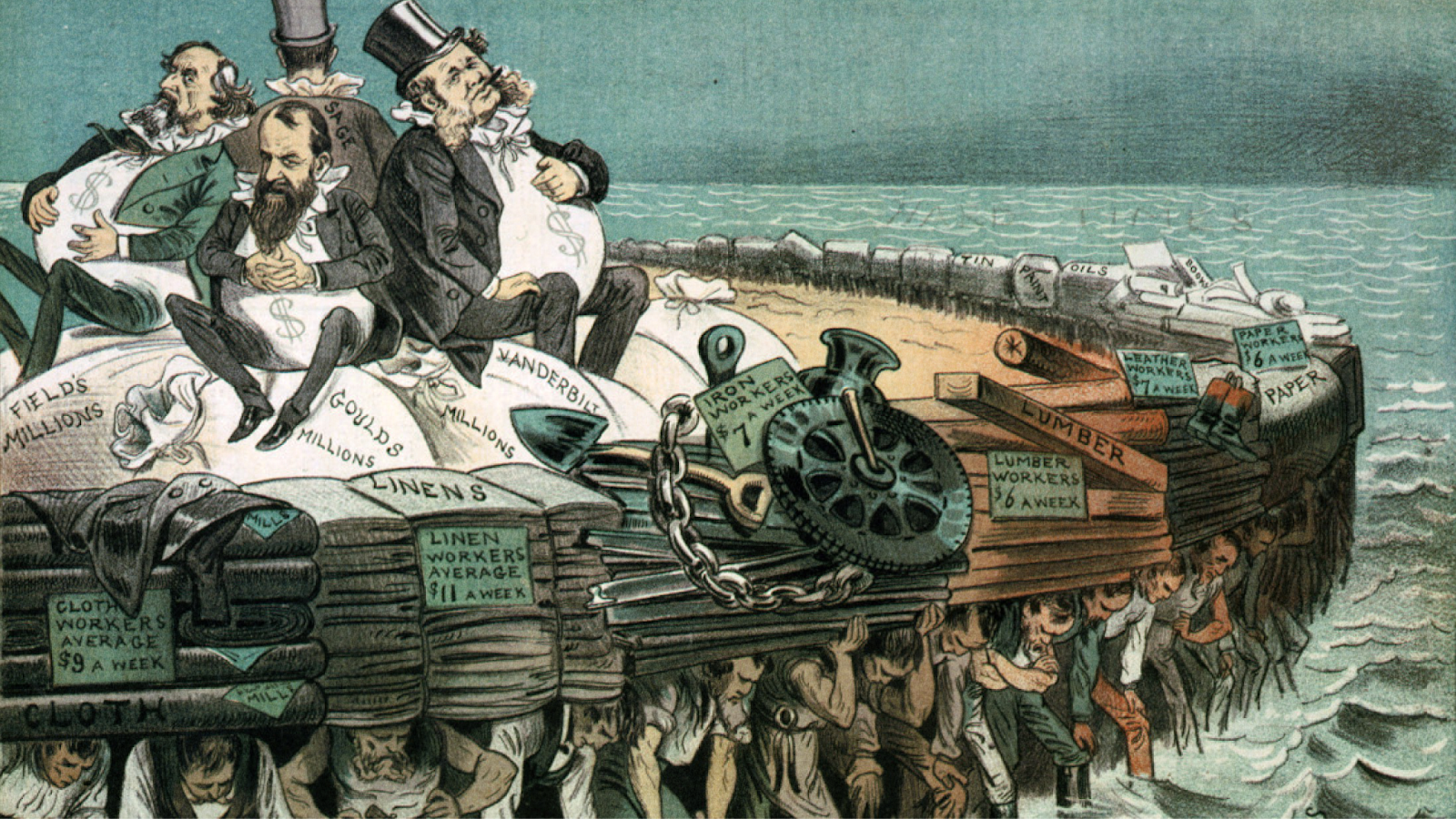 Political cartoon showing wealthy men sitting atop bags of money and goods while workers support the load beneath them at the water&rsquo;s edge, illustrating economic inequality.