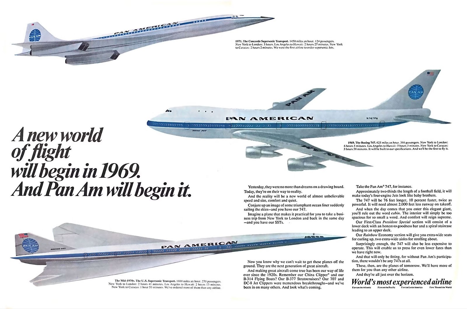 Pan Am advertisement featuring illustrations of a Boeing 747 and Concorde jets with promotional text about the airline&rsquo;s new aircraft and services beginning in 1969.