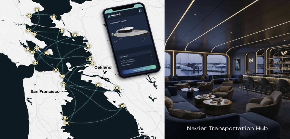 Map showing ferry routes in the San Francisco Bay Area, a smartphone app interface for booking, and a modern lounge labeled "Navier Transportation Hub" featuring next-generation flying boats.