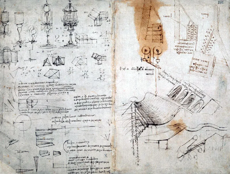 Two pages of a sketchbook with geometric shapes, mechanical diagrams, architectural sketches, and handwritten notes in black ink, including some water stains on the right page.