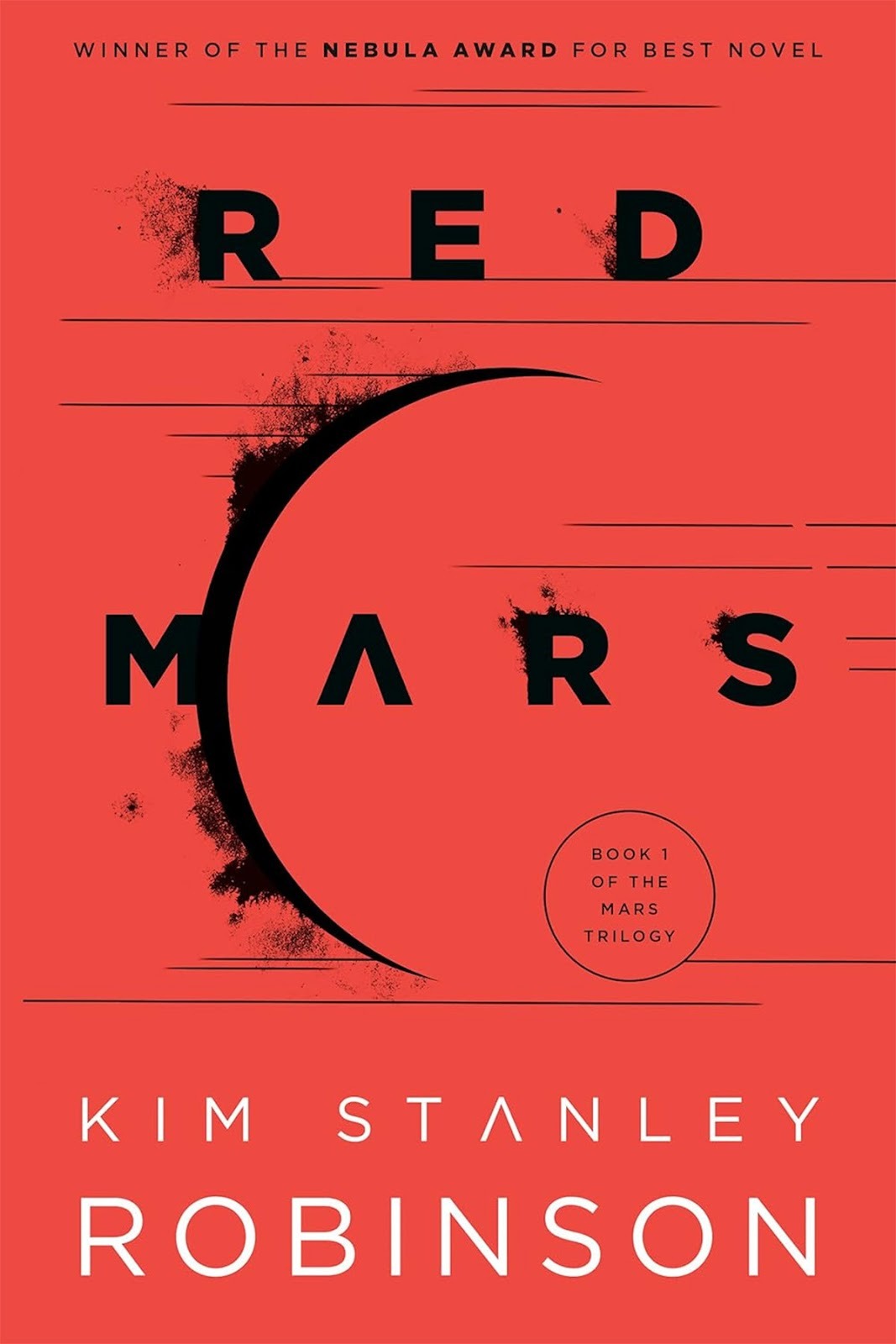 Book cover of "Red Mars" by Kim Stanley Robinson, featuring a red background, black and white geometric text, and a semi-circle design representing a planet.