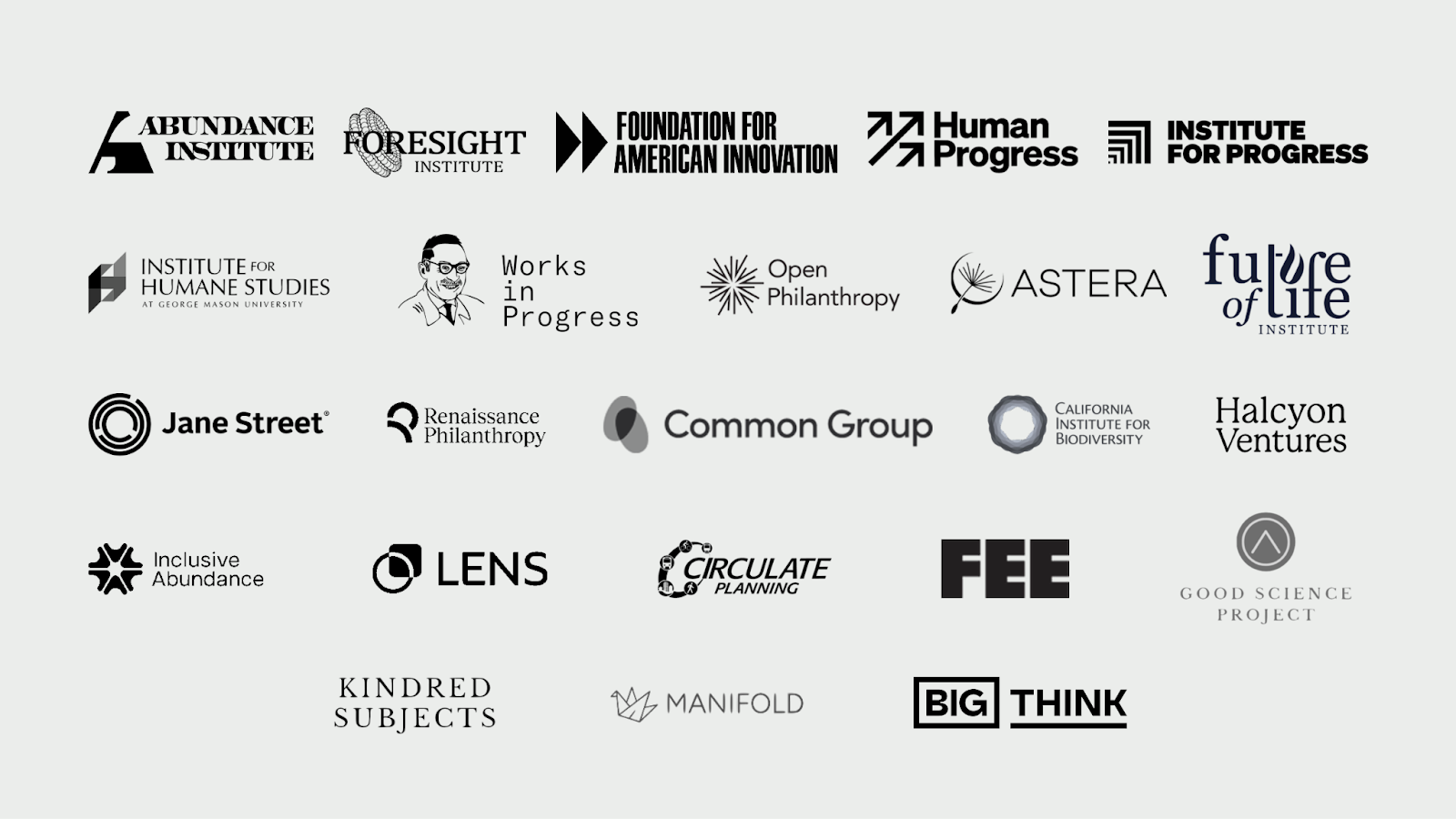 A collection of logos from various organizations and institutes, arranged in a grid on a light gray background.