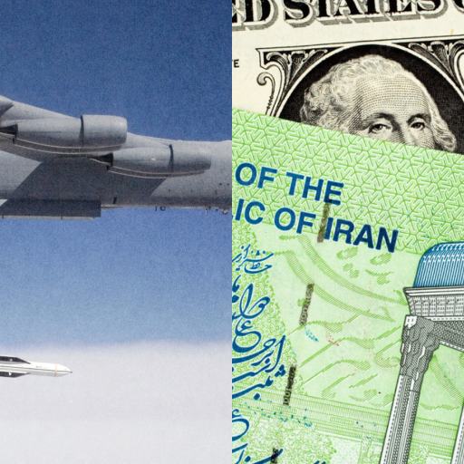 Split image: Left side shows a military aircraft releasing a missile mid-air; right side displays a US dollar bill and Iranian currency partially overlapping.