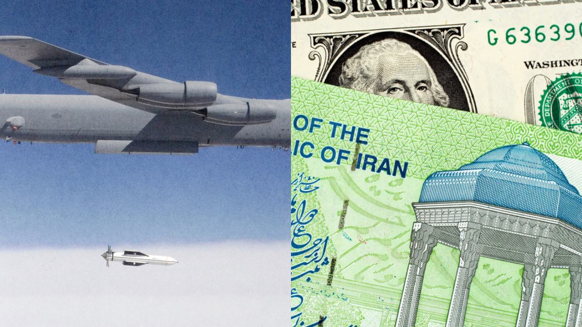 Split image: Left side shows a military aircraft releasing a missile mid-air; right side displays a US dollar bill and Iranian currency partially overlapping.