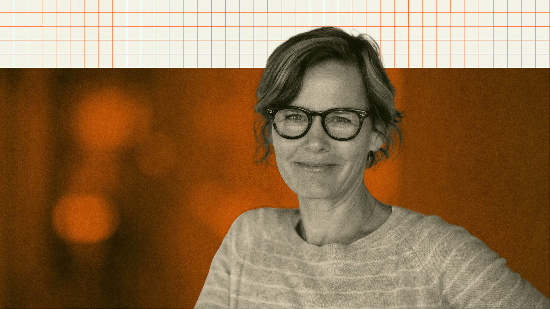 A woman with glasses and short hair smiles slightly, wearing a striped sweater, with an orange-toned background and a grid pattern above.