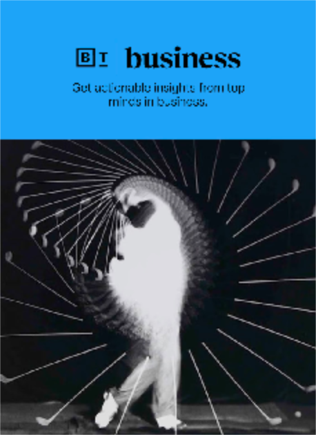 A black-and-white motion photograph of a golfer swinging a club, with multiple exposures showing the movement, under a blue banner labeled "business.