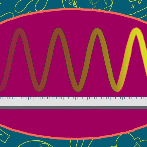 A wavy line, one meter long, transitions from dark red to bright yellow above a ruler, set against a magenta oval with a blue background featuring drawn human figures.