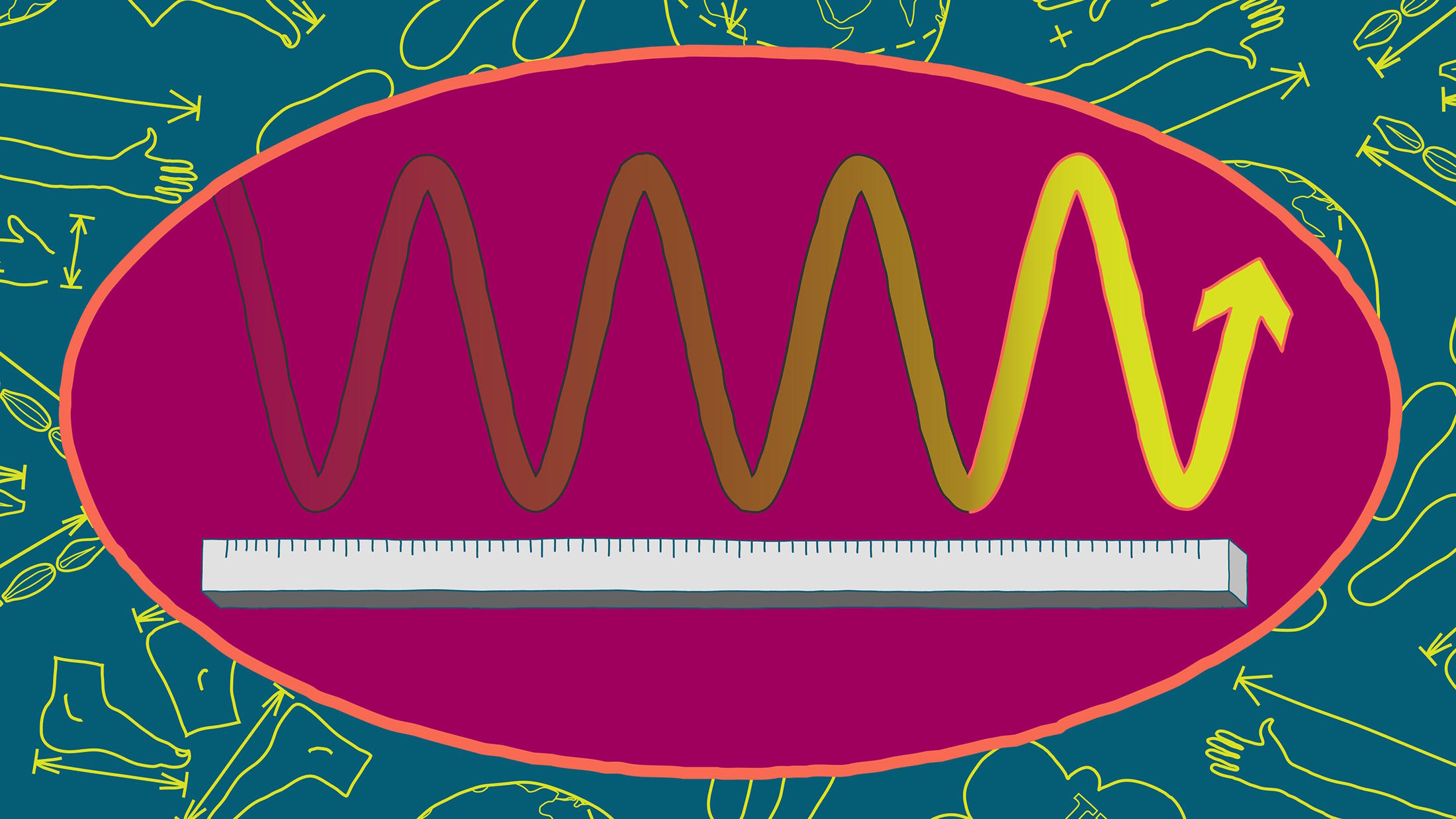 A wavy line, one meter long, transitions from dark red to bright yellow above a ruler, set against a magenta oval with a blue background featuring drawn human figures.
