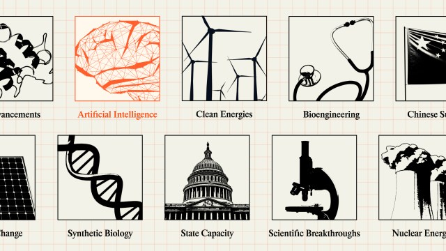 A grid of twelve black-and-white icons representing various scientific fields, with “Artificial Intelligence” highlighted in red under a polygonal brain illustration.