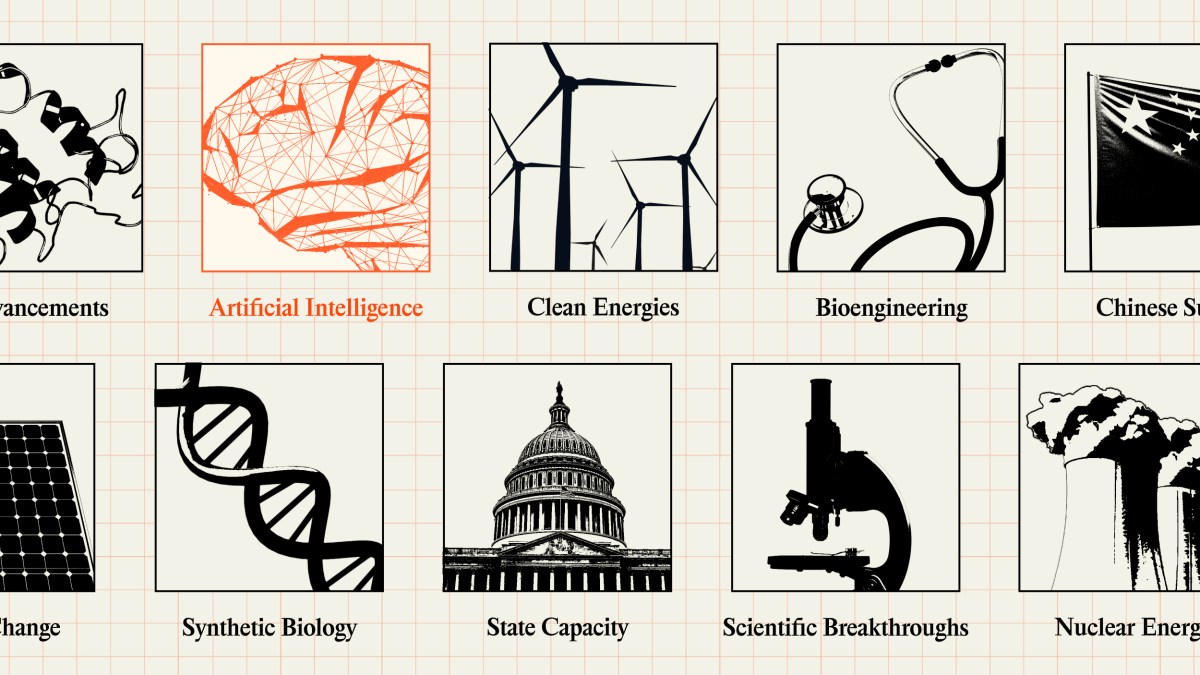 A grid of twelve black-and-white icons representing various scientific fields, with “Artificial Intelligence” highlighted in red under a polygonal brain illustration.