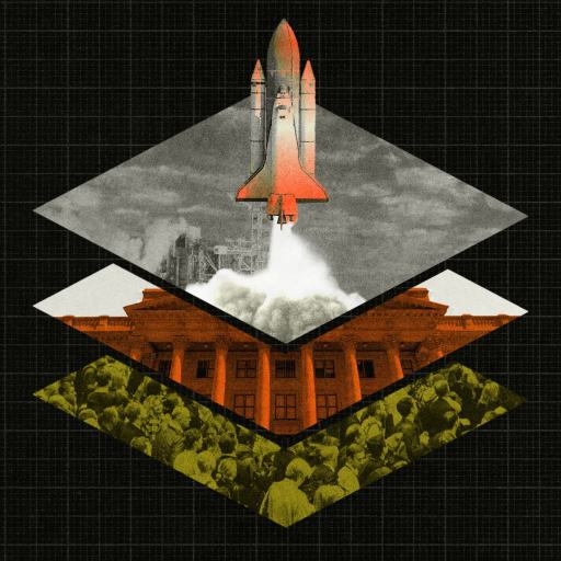 A rocket launches above layered geometric shapes depicting clouds, a building, and a crowd, all set against a black grid background.