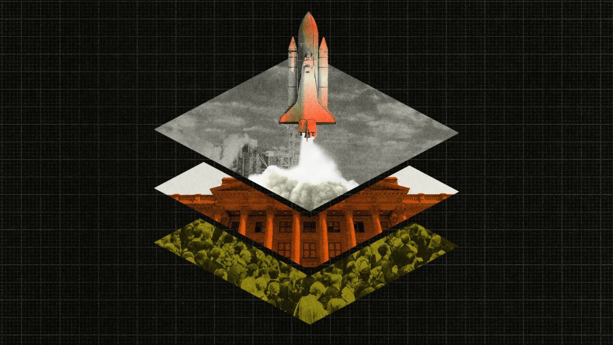 A rocket launches above layered geometric shapes depicting clouds, a building, and a crowd, all set against a black grid background.