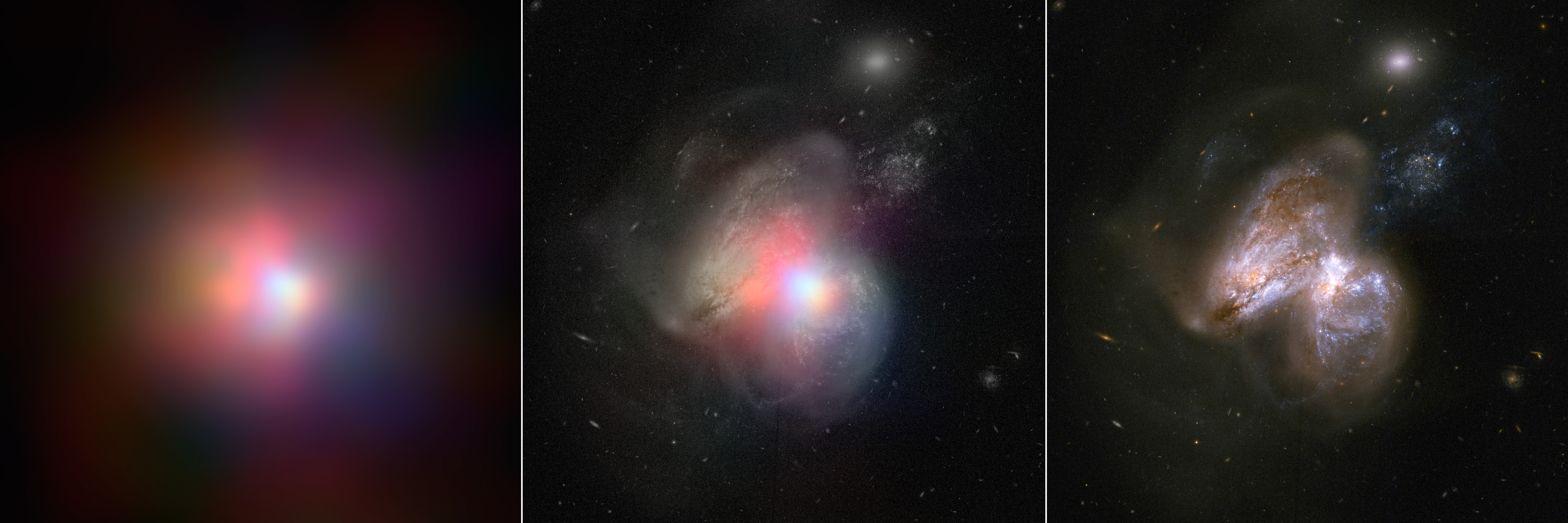 Three side-by-side images showing increasing levels of detail in a galaxy merger, from a blurry view on the left to a sharp, clear view on the right.