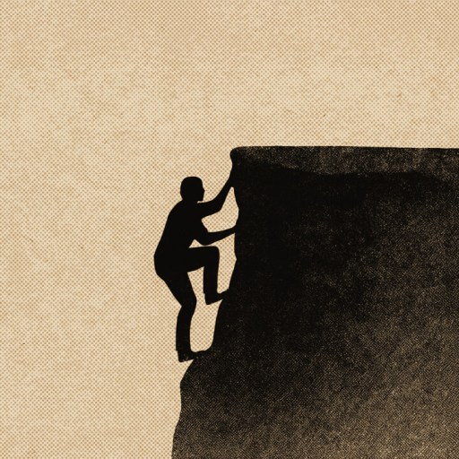 A silhouette of a person climbing up the edge of a steep cliff against a beige background.