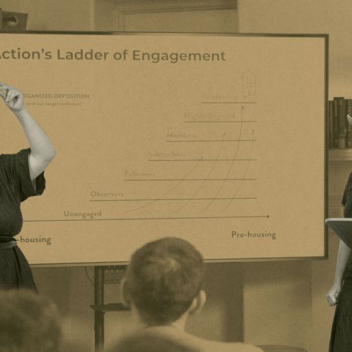 Two women stand and speak in front of a projector screen displaying a graph titled "YIMBY Action’s Ladder of Engagement" at a presentation or workshop.